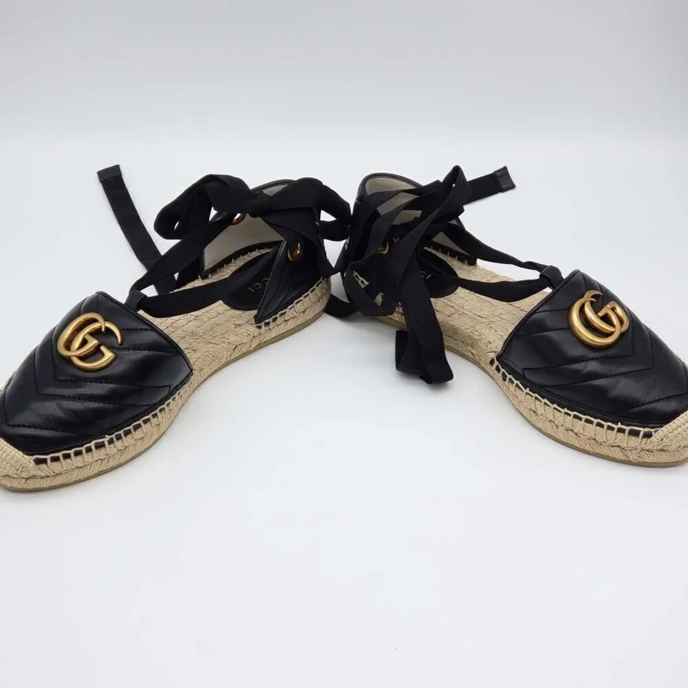Authentic Gucci GG Marmont Espadrille Sandals Black Leather Gold Logo Brand New - Picture 8 of 13